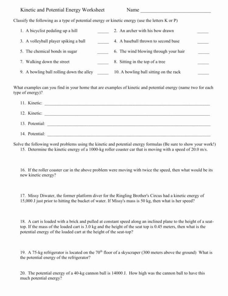 Kinetic And Potential Energy Worksheet Answers