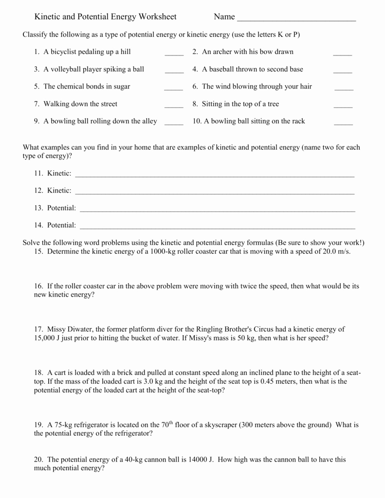 Kinetic And Potential Energy Worksheet Answers  Soccerphysicsonline