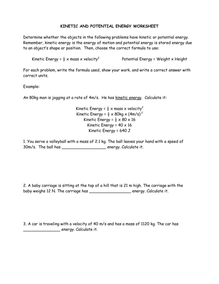 Kinetic And Potential Energy Worksheet Determine