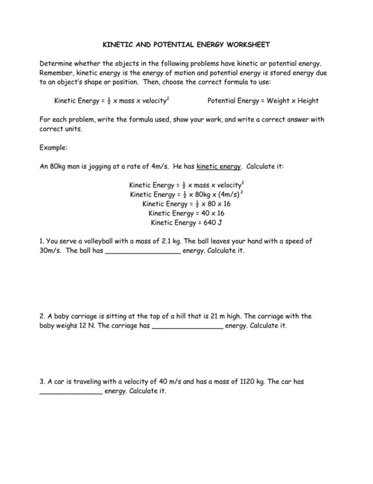 Kinetic And Potential Energy Worksheet Determine