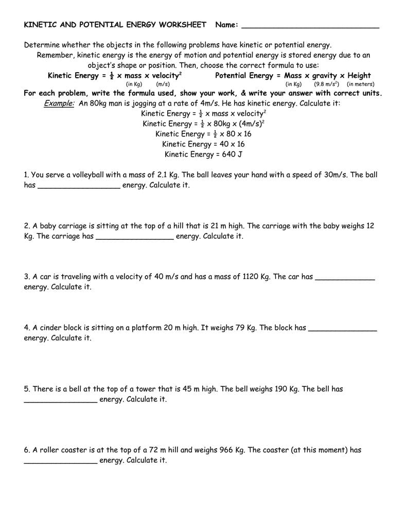 worksheet kinetic and potential energy