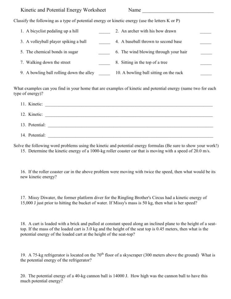 Kinetic And Potential Energy Ws 2