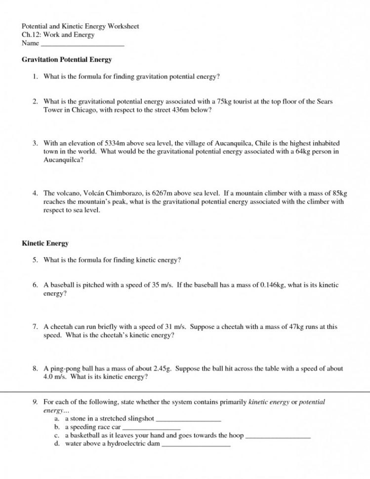 Kinetic Energy And Potential Energy Worksheet