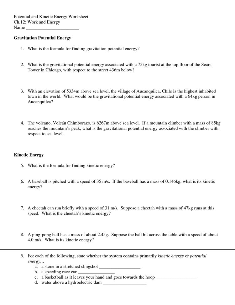 Kinetic Energy And Potential Energy Worksheet Math Facts