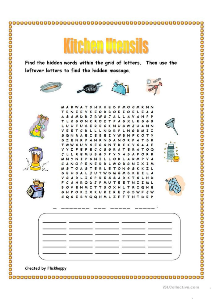Kitchen Utensils Wordsearch  English Esl Worksheets