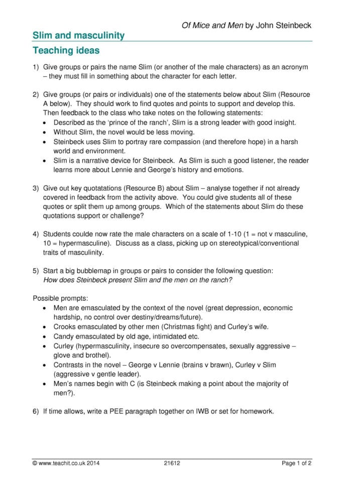 Ks4 Prose  Of Mice And Menjohn Steinbeck  Teachit English