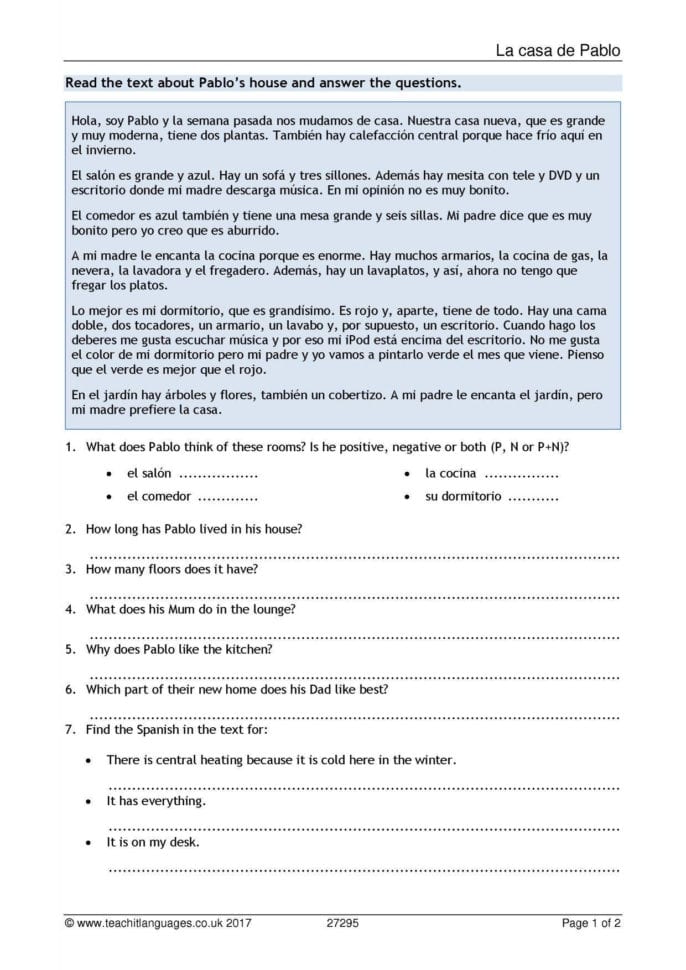 Ks4 Spanish  Reading  Teachit Languages