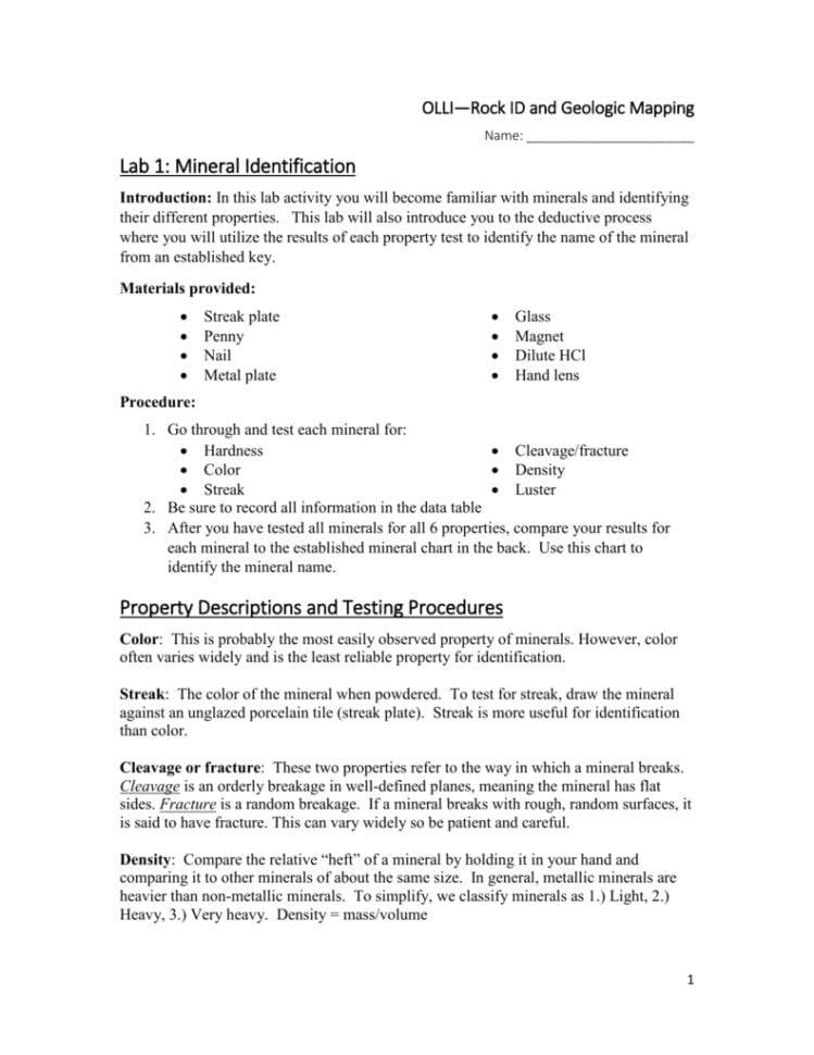Lab 1 Mineral Identification Property Descriptions And Testing
