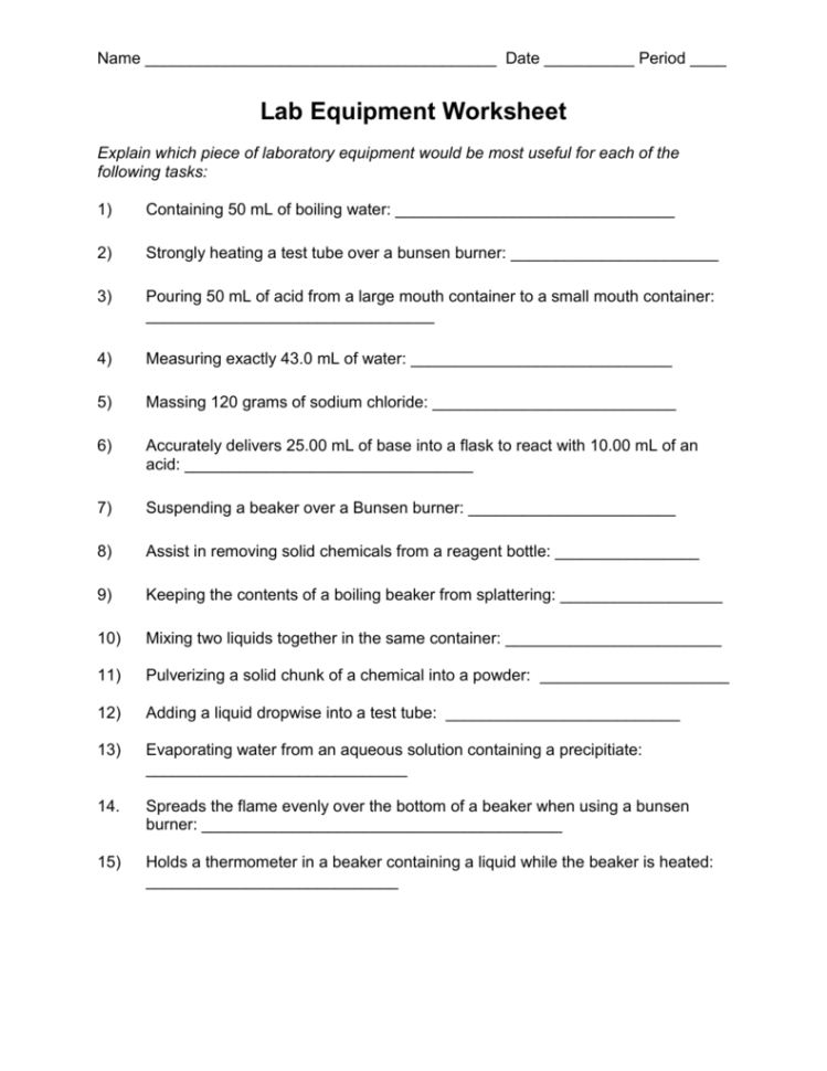 Lab Equipment Worksheet  Pcmac