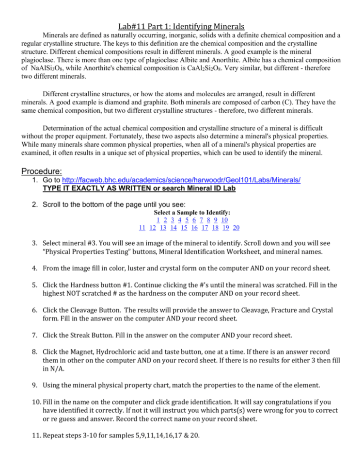 Lab17 Part 1 Identifying Minerals Lab17 Part 1 Identifying Minerals