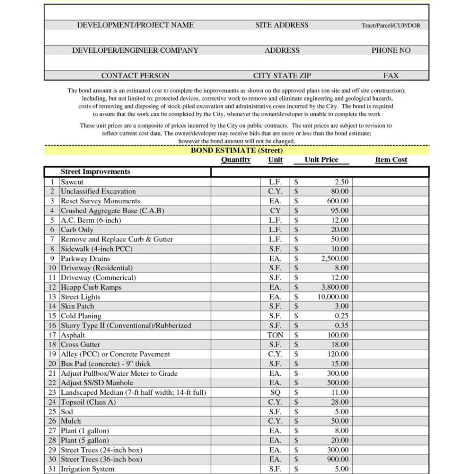 Landscape Cost Estimate Sheet