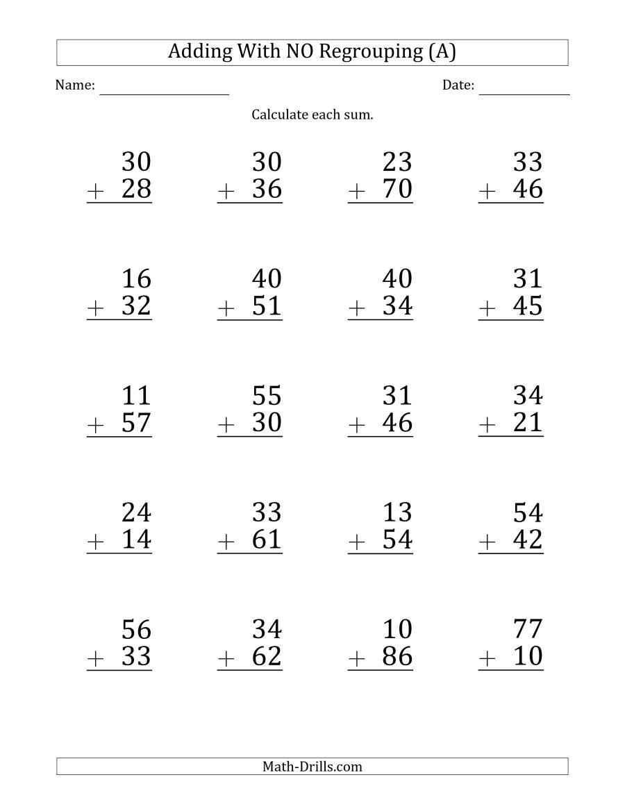 Large Print 2Digit Plus 2Digit Addition With No Regrouping A