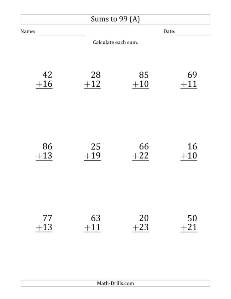 Large Print  Adding 2Digit Numbers With Sums Up To 99 12