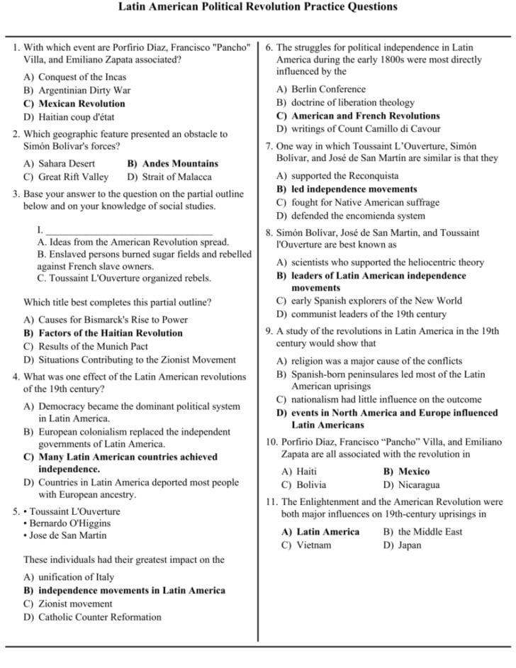 Latin American Independence Movements Worksheet