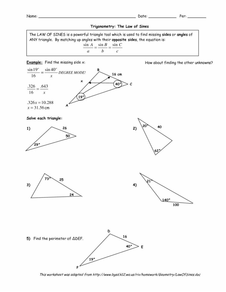 Law Of Sines Practice Worksheet Answers
