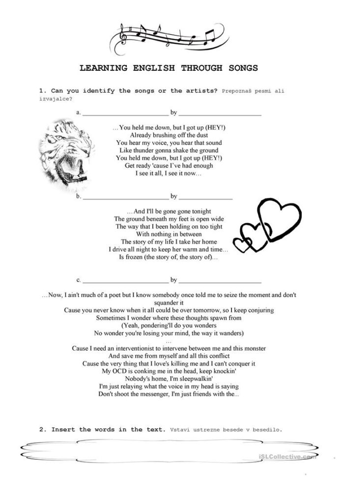 Learning English Through Songs  English Esl Worksheets