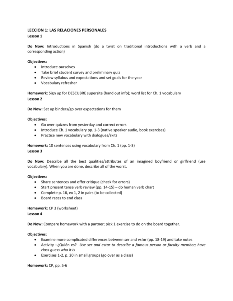 Leccion 1 Las Relaciones Personales Lesson 1 Do Now