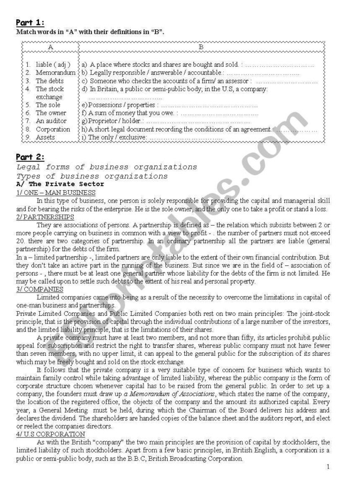 Legal Forms Of Business Organizations  Esl Worksheetnadd29