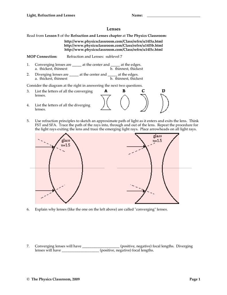 Light Refraction And Lenses Physics Classroom Worksheet Answers — db