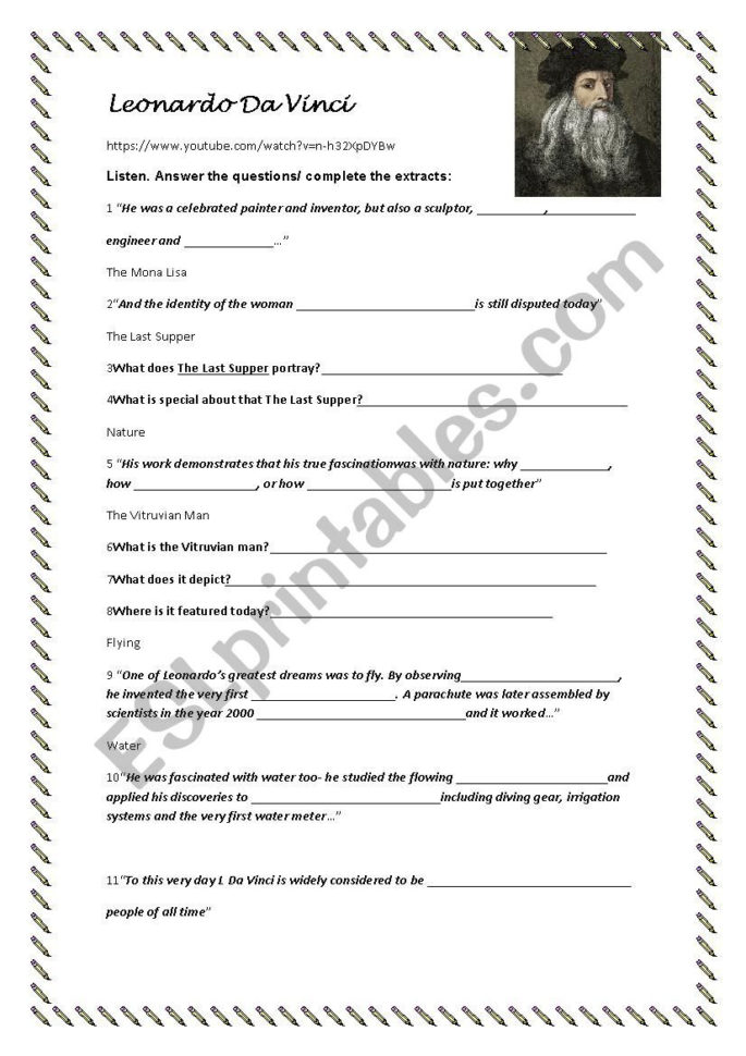 Leonardo Da Vinci Listening Comprehension  Esl Worksheet
