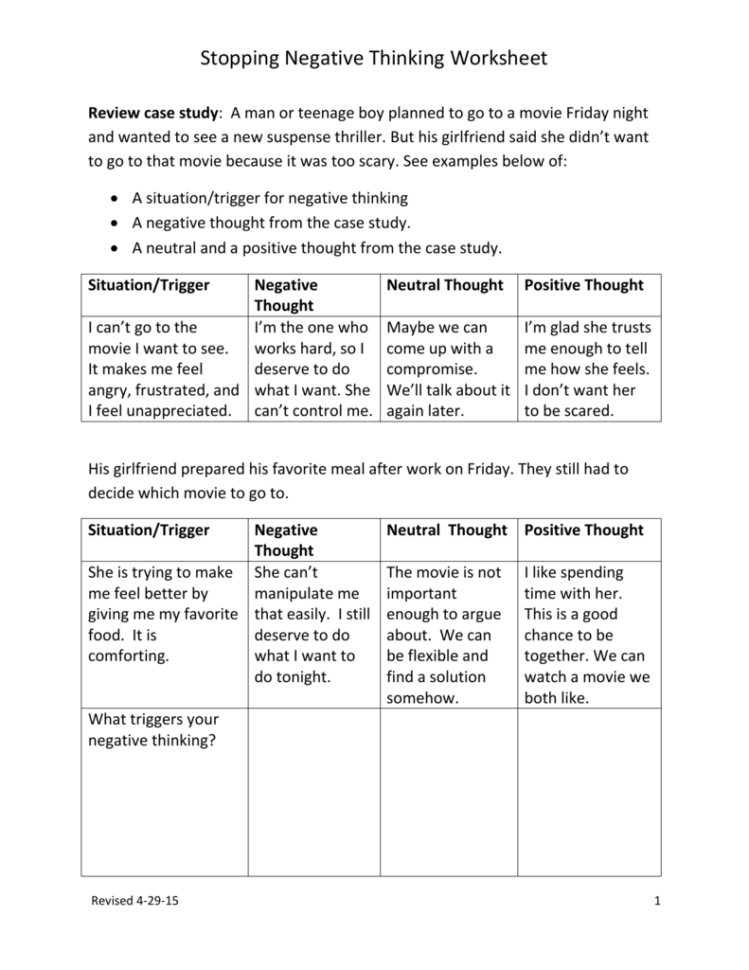 Lesson 1Stopping Negative Thinking Worksheet