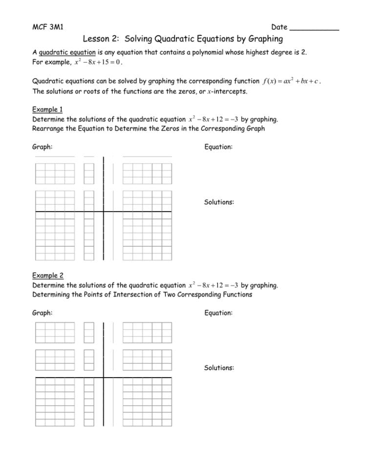 Lesson 2 Solving Quadratic Equationsgraphing Mcf 3M1
