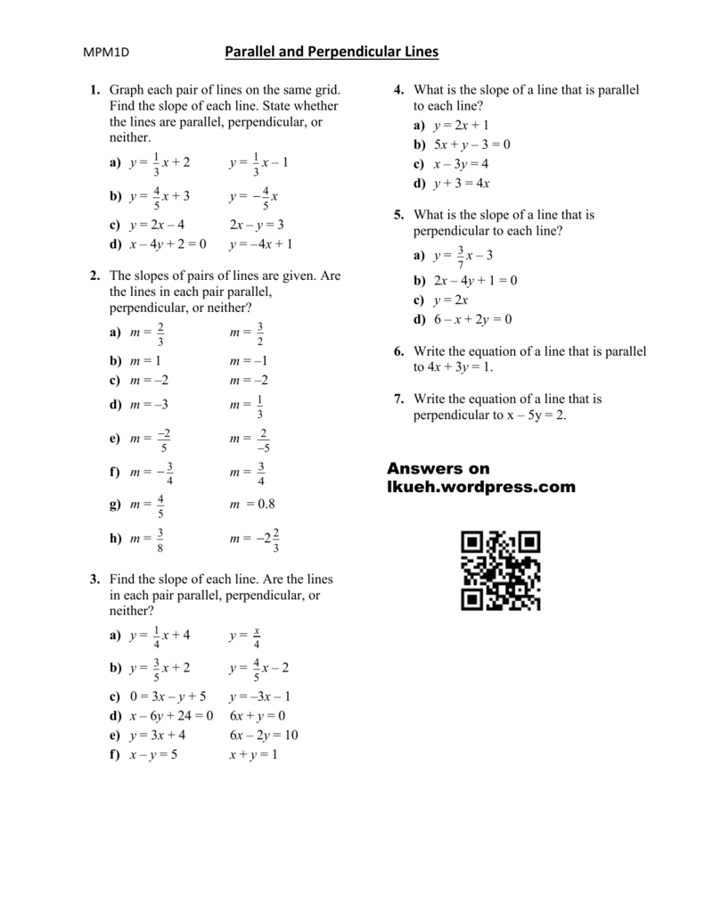 Lesson 4 – Parallel And Perpendicular Lines – Worksheet
