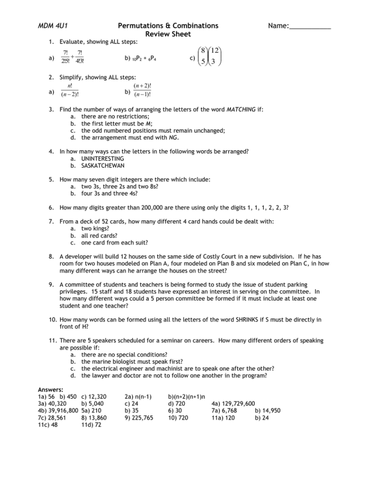 Lesson 7 – Permutations  Combinations Review Sheet