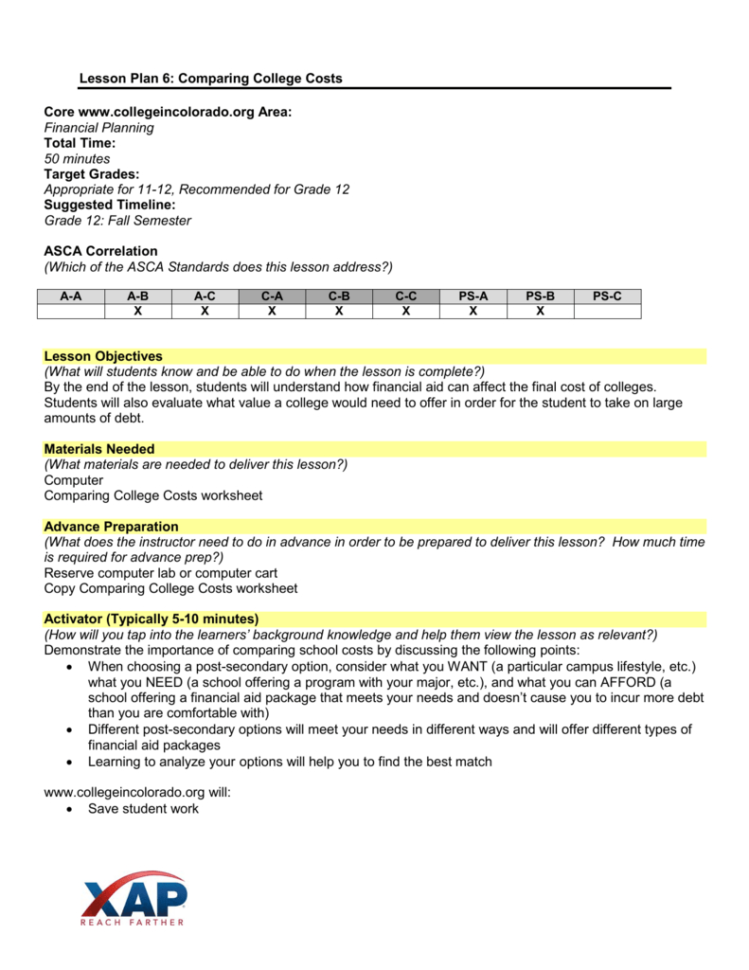 Lesson Plan 6 Comparing College Costs Core Www