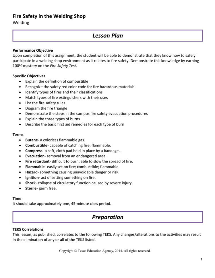 Lesson Plan Fire Safety In The Welding Shop Welding