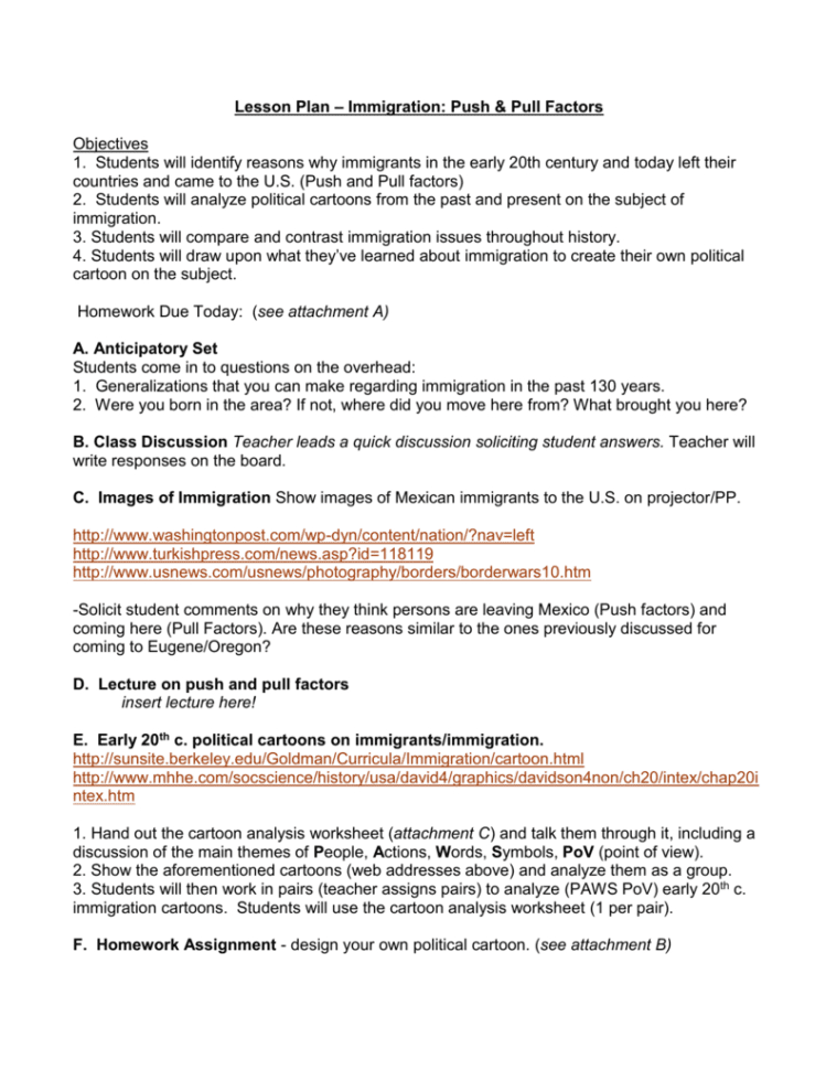 Lesson Plan – Immigration Push  Pull Factors