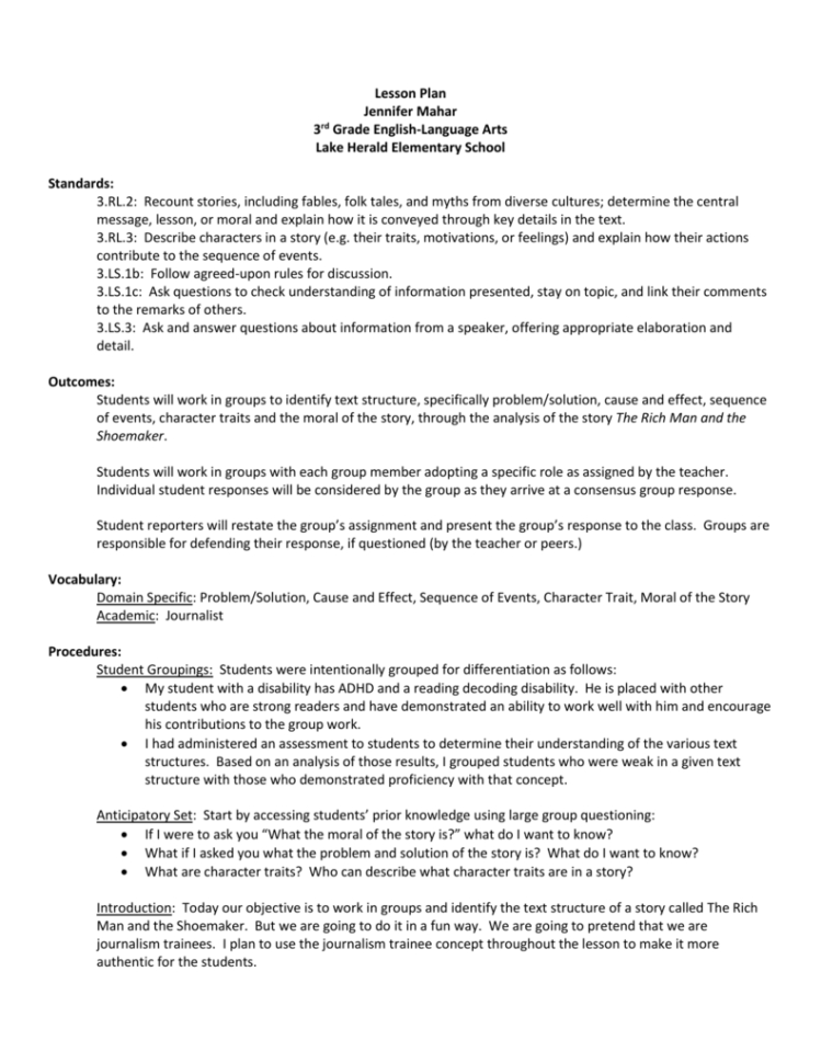 Lesson Plan Jennifer Mahar 3Rd Grade English