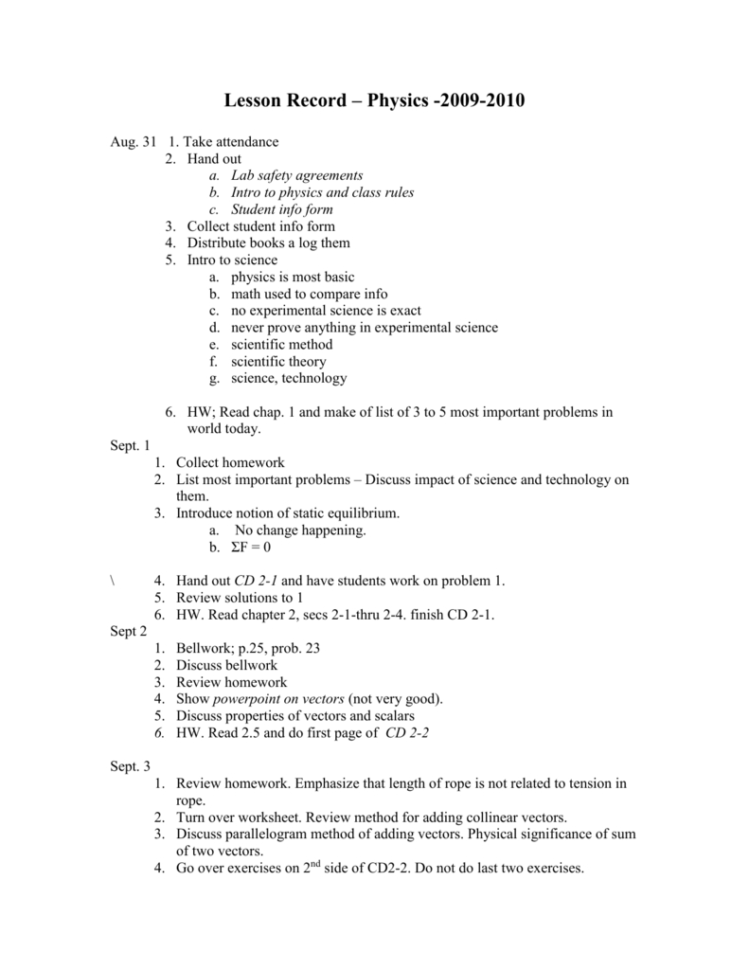 Lesson Record – Physics 20092010