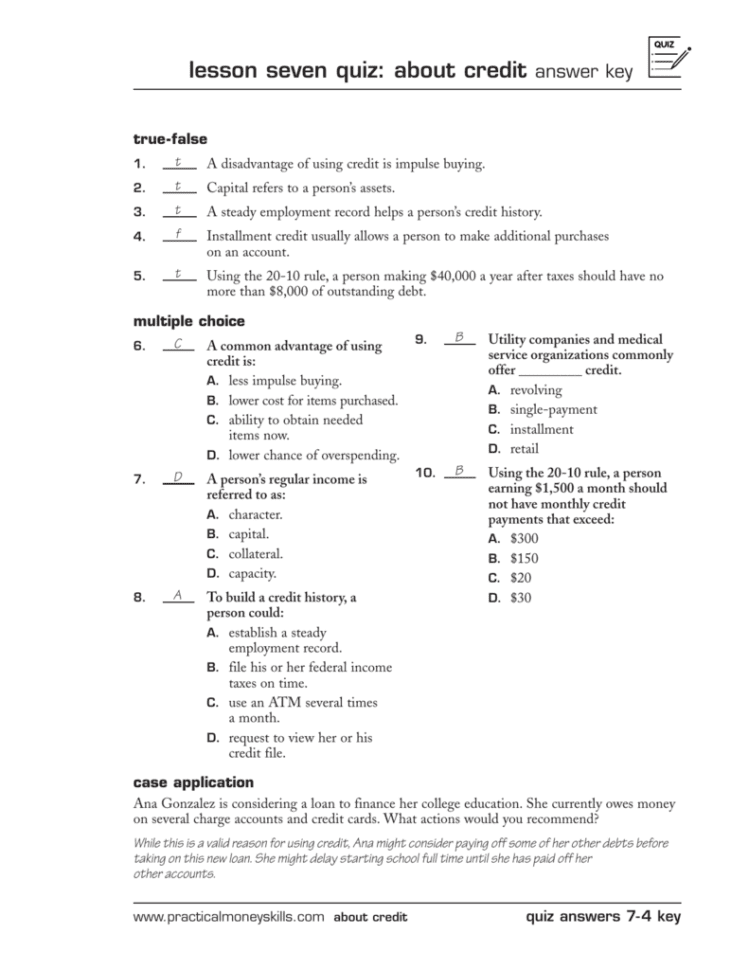 Lesson Seven Quiz  Practical Money Skills