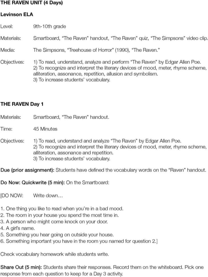 Level 9Th10Th Grade Smartboard The Raven Handout The