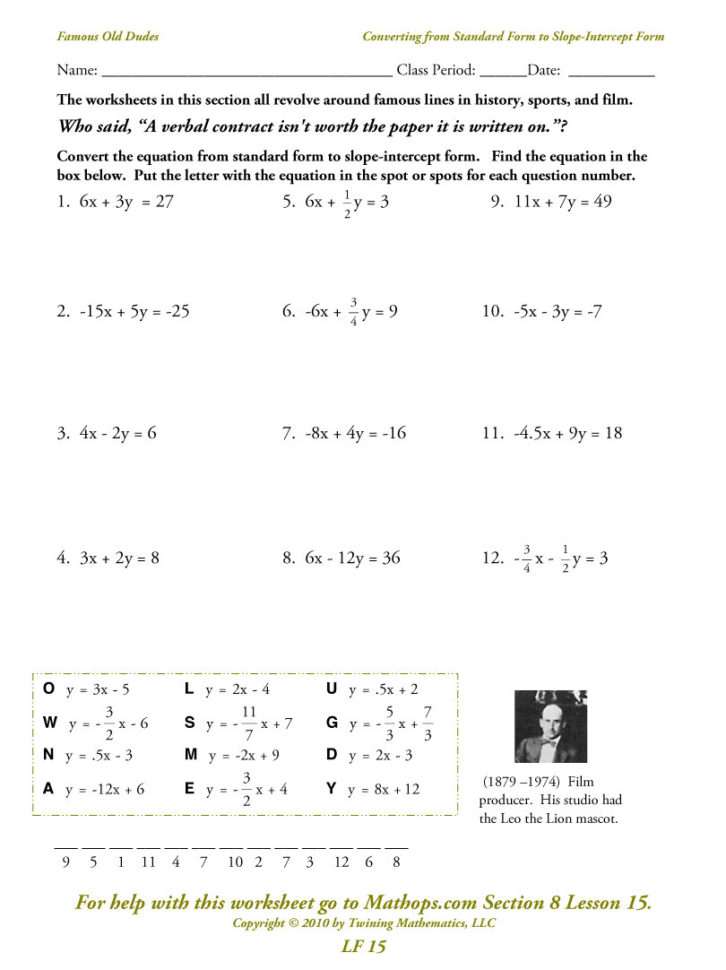 Lf 15 Converting From Standard Form To Slope Intercept