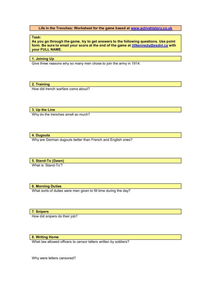 Life In The Trenches Worksheet For The Game Based At Www