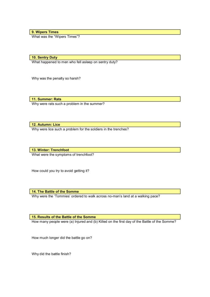 Life In The Trenches Worksheet For The Game Based At Www