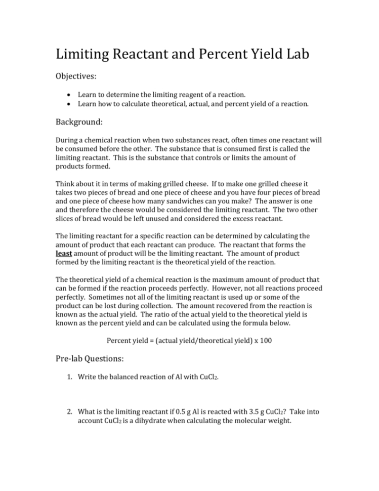 Limiting Reactant And Percent Yield