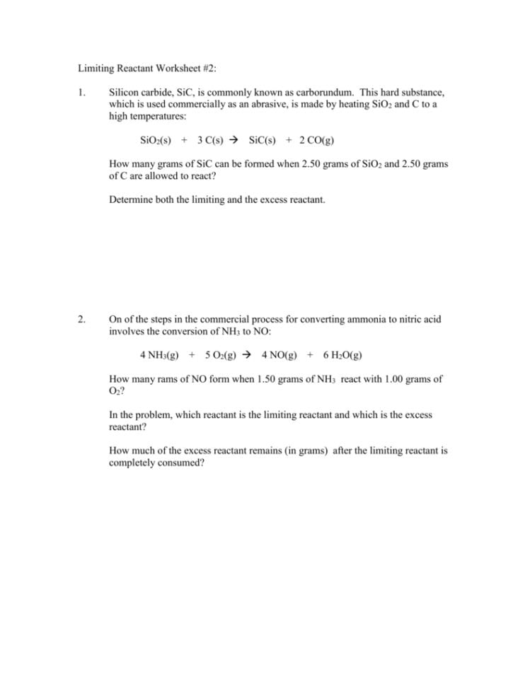 Limiting Reactant Worksheet 2