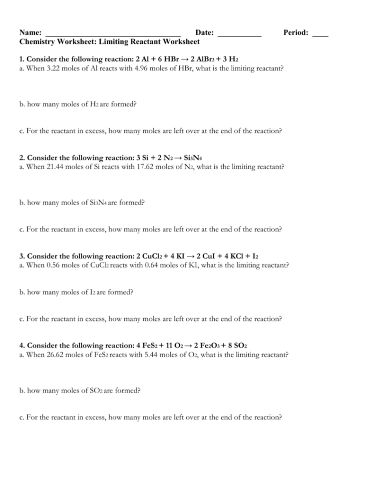 Limiting Reactant Worksheet