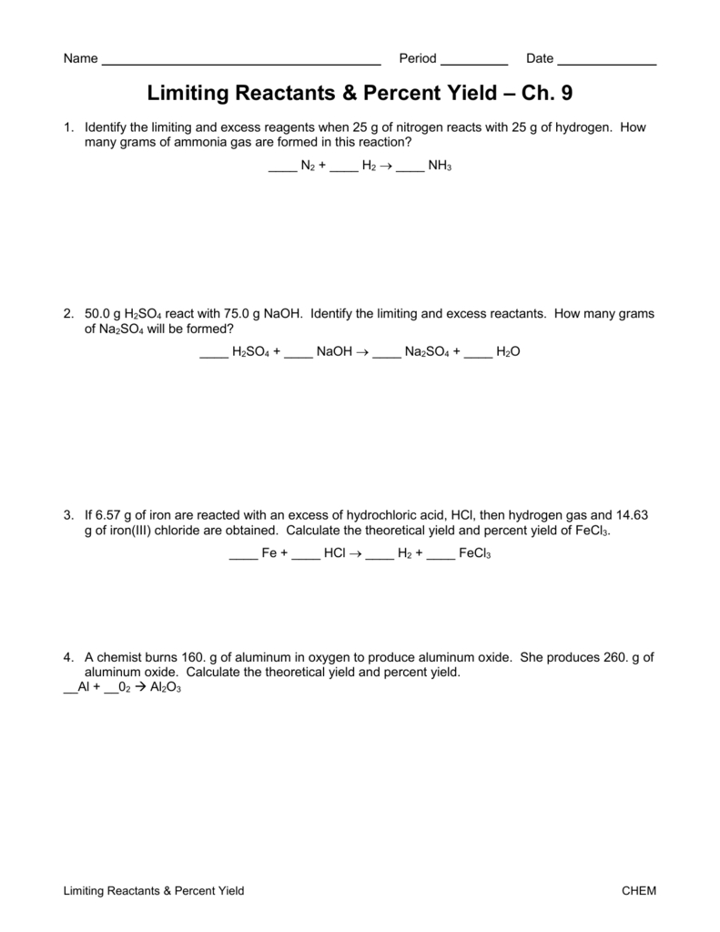 Limiting Reagent Worksheet With Answers