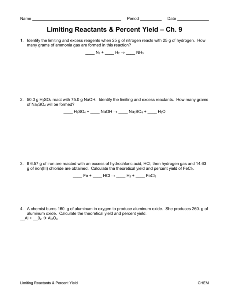 Limiting Reactants Worksheet