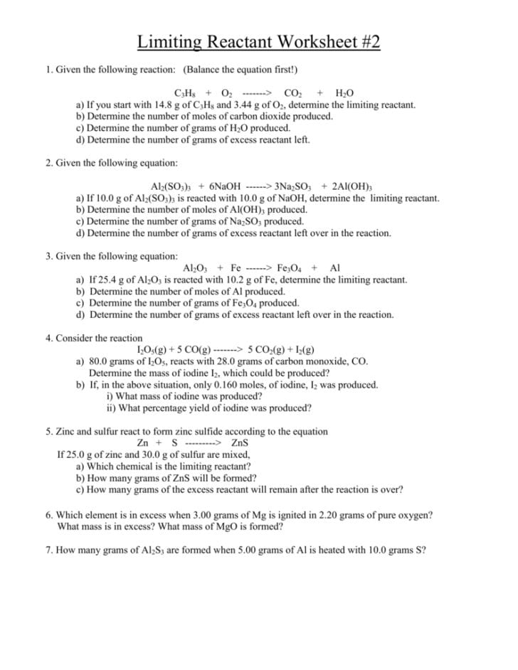 Limiting Reagent Worksheet