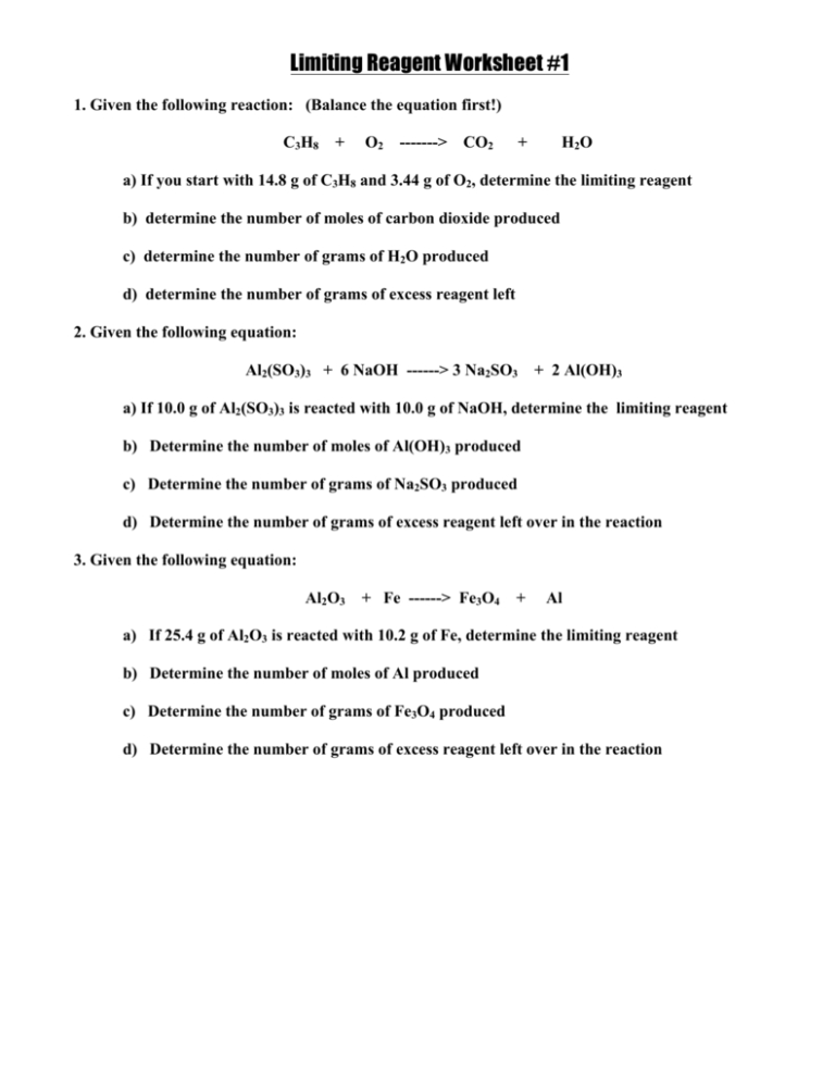 Limiting Reactant Practice Worksheet