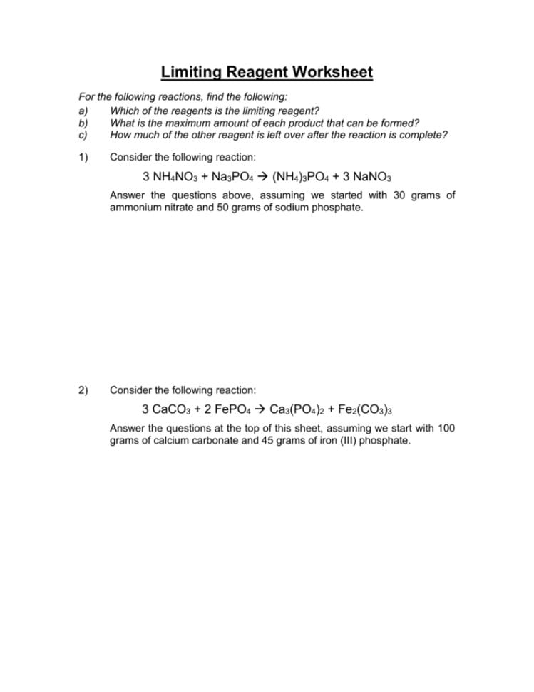 Limiting Reagent Worksheet