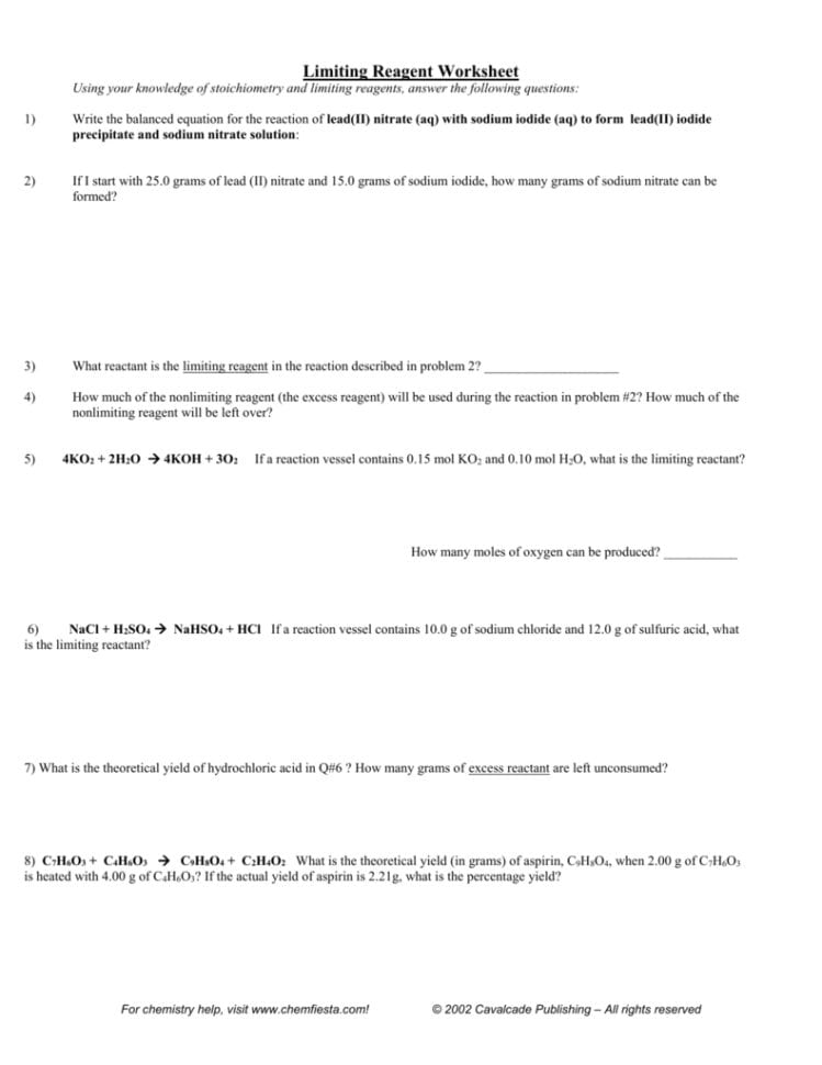 Limiting Reagent Worksheet