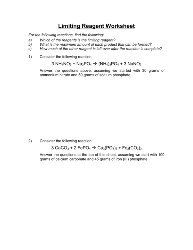 Limiting Reagent Worksheet