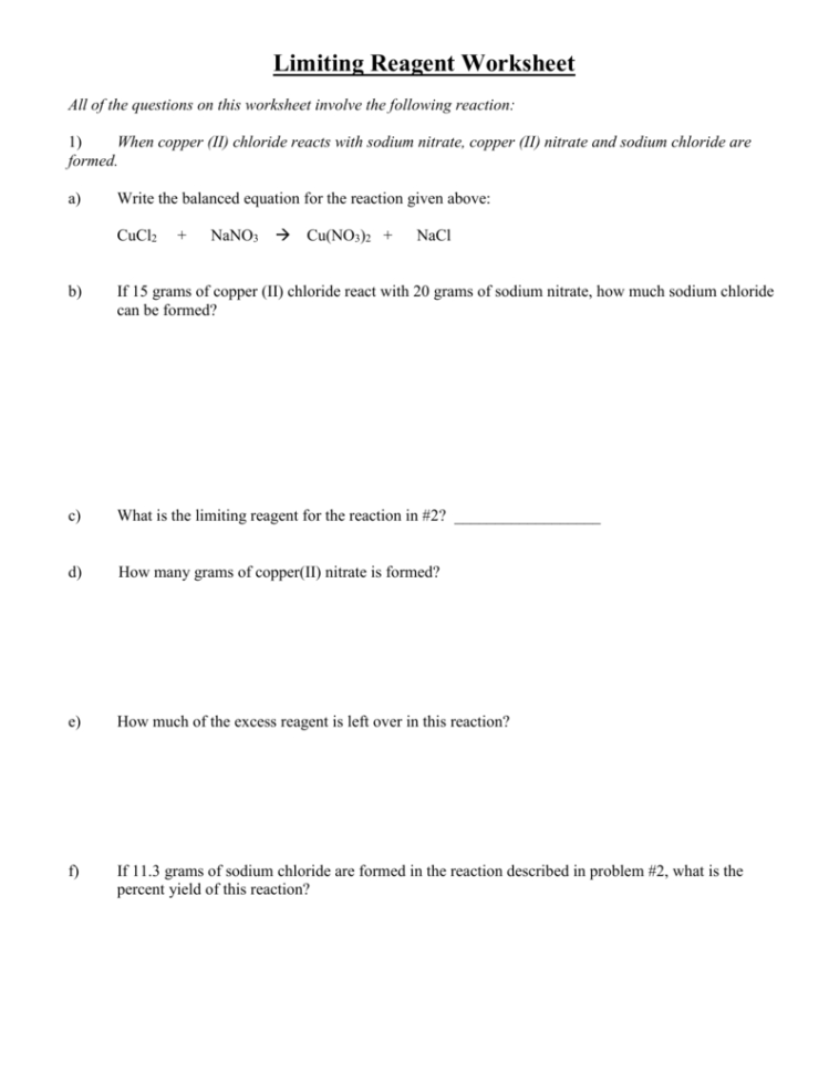 Limiting Reagent Worksheet