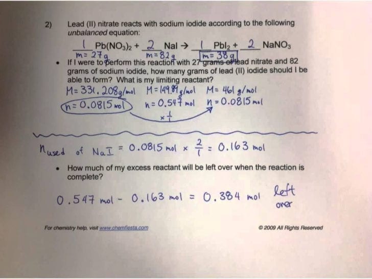 Limiting Reactant Problems Worksheet